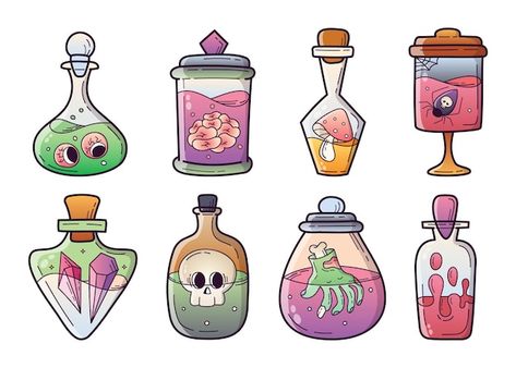 Witchcraft Halloween, Halloween Potion Bottles, Witch Characters, Witch Bottles, Bottle Drawing, Halloween Potions, Magic Bottles, Halloween Graphics, Zombie Hand