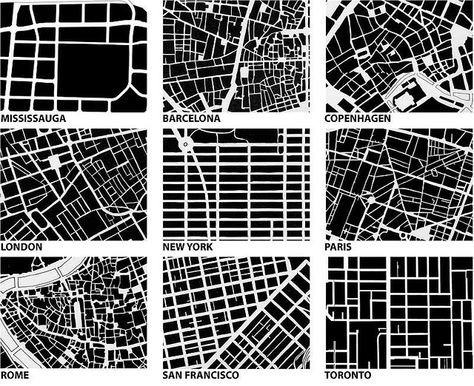 Graphic urban form comparison by Michael Surtees. Mississauga, Barcelona, Copenhagen, London, New York, Paris, Rome, San Francisco, Toronto. #map #design Circulation Diagram, City Grid, Urban Analysis, Urban Design Plan, Urban Fabric, Diagram Architecture, Urban City, Urban Spaces, City Design