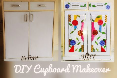 DIY Cupboard Makeover with Glass Colors Old Cupboard Makeover Diy, Diy Cupboard Makeover, Old Cupboard Makeover, Cupboard Makeover Diy, Diy Cupboard, Cupboard Makeover, Old Cupboard, Steel Cupboard, Wooden Cupboard