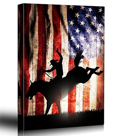 Wall26  Patriotic bucking bronco rider silhoutte  Rodeo country western artwork  Wood grain texture rustic art  Canvas Art Home Decor  16x24 inches *** You can find out more details at the link of the image. (This is an affiliate link and I receive a commission for the sales) Western Artwork, Bucking Bronco, Wall Canvas Painting, Wood Grain Texture, Hanging Paintings, Grain Texture, Rustic Art, Hanging Posters, Country Western