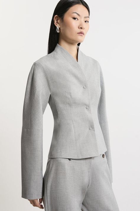 Tailored Fitted Waist Collarless Jacket Coat Pocket Design, Womens Tailoring, Abaya Inspiration, Petite Work Outfits, Bride Jumpsuit, Petite Wedding Guest Dresses, Wedding Pants, Collarless Coat, Transitional Fashion