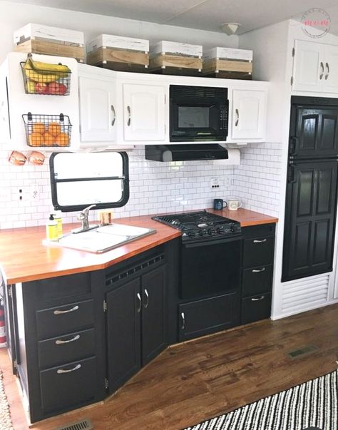 Diy Wood Countertops, Countertops Diy, Glamper Camper, Camper Trailer Remodel, Vintage Camper Remodel, Diy Camper Remodel, Camper Storage, Rv Kitchen, Travel Trailer Remodel