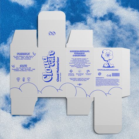 Cloud Care ☁︎ A passion project for a skincare brand Cloud Care focused on creating vegan & cruelty free products that feel like fresh, soft clouds on your skin. Brand Identity design, Packaging design, Logo design. Cloud Packaging Design, Soft Design Graphic, Back Of Packaging Design, Cloud Logo Aesthetic, Skin Care Product Design, Clouds Graphic Design, Cloud Packaging, Cloud Branding, Box Product Design