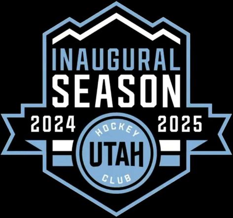 A black shield with a mountain range at the top similar in style to the Utah state flag. INAUGURAL SEASON & 2024 2025 is written across the shield in blue & white lettering. A black banner, white & blue horizontal stripes, & the Utah Hockey Club primary logo are laid across the shield near the bottom. Utah Hockey Club, Banner White, Black Shield, Arena Football, Canada Hockey, Canadian Football League, Canadian Football, Frozen Pond, American Football League