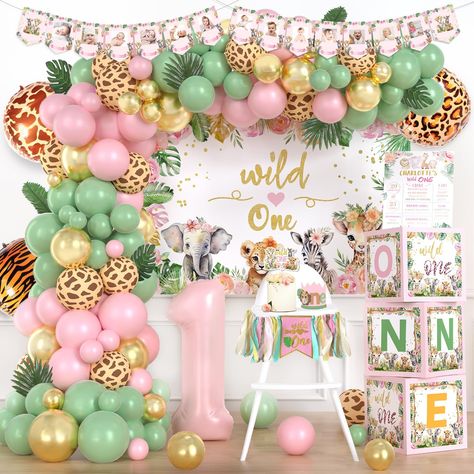 PRICES MAY VARY. 【WARM JUNGLE WORLD】🐘 Create a cosy wild one party with green pink, and gold colors! Cute jungle animals bring unlimited fun and novel experiences to your little one and other children to explore a different wild world. Create precious memories with our safari party decorations and let everyone enjoy the unforgettable day! 【WILD ONE BIRTHDAY DECORATIONS FOR GIRL SET】🦁 85 x 12’’ latex balloons, 30 x 5’’ latex balloons, 4 x foil balloons, 12 x artificial leaves, 1 x backdrop, 2 x Girl Wild One Birthday Party, Safari First Birthday Girl, Wild One Birthday Party Girls Diy, Wild One Safari First Birthday, Wild One Birthday Decorations, First Birthday Decorations Girl, Safari Theme Birthday Party, Safari Party Decorations, Backdrop Balloon