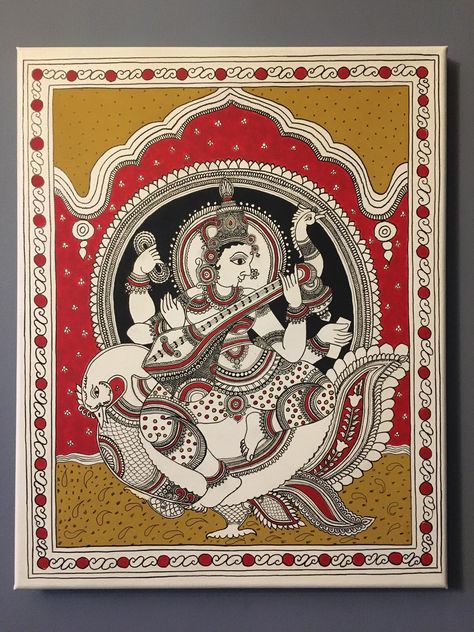 Kalamkari Painting Traditional, Gonda Art, Painting Radha Krishna, Ma Saraswati, Easy Charcoal Drawings, Kalam Kari, Bird Pencil Drawing, Phad Painting, God Painting