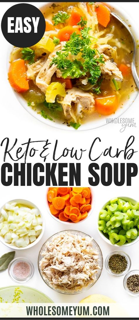 Low Carb Keto Chicken Soup Recipe No Carb Chicken Soup Recipes, Keto Soup In Crockpot, Keto Rotisserie Chicken Soup, E2m Soup Recipes, Kept Chicken Soup, Easy Keto Chicken Soup Recipes, Carb Free Chicken Soup, No Carb Soups Keto, Chicken Zoodle Soup Keto