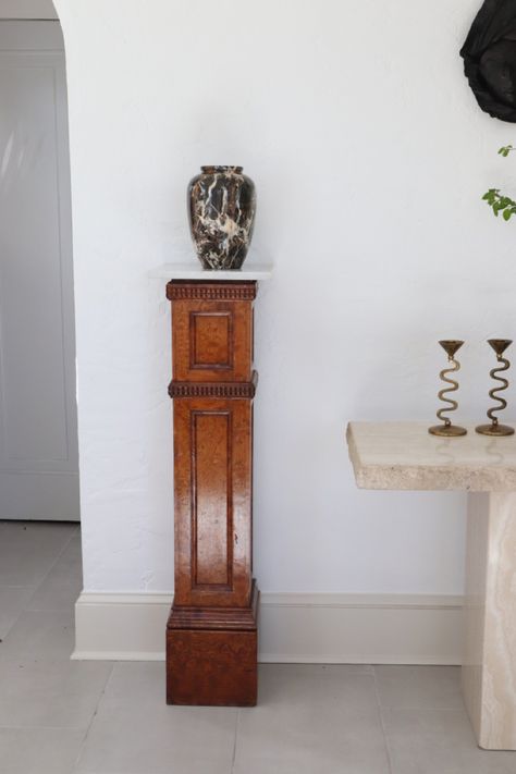 Decorating With Pedestals, Wood Pedestal Stand Decor, Pedestal Styling, Tudor Renovation, Wood Pedestal Stand, Marble Pedestal, Pedestal Stand, Dark Furniture, Large Decor