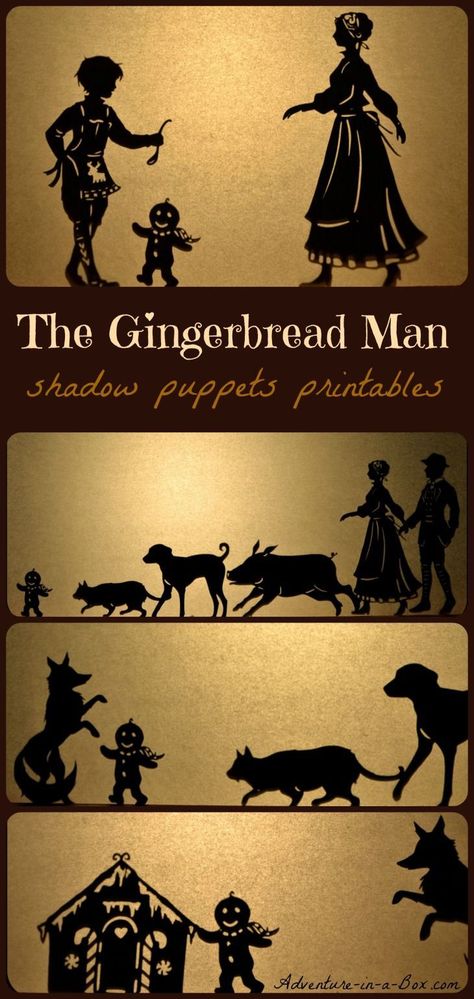 The Gingerbread Man: Christmas shadow puppets play for children (free printable designs included) Shadow Puppet Templates Free Printable, Travelling Circus, Kids Gratitude Journal, Fairy Tale Activities, Gratitude Journal For Kids, Winter Play, Shadow Theatre, The Gingerbread Man, Traditional Tales