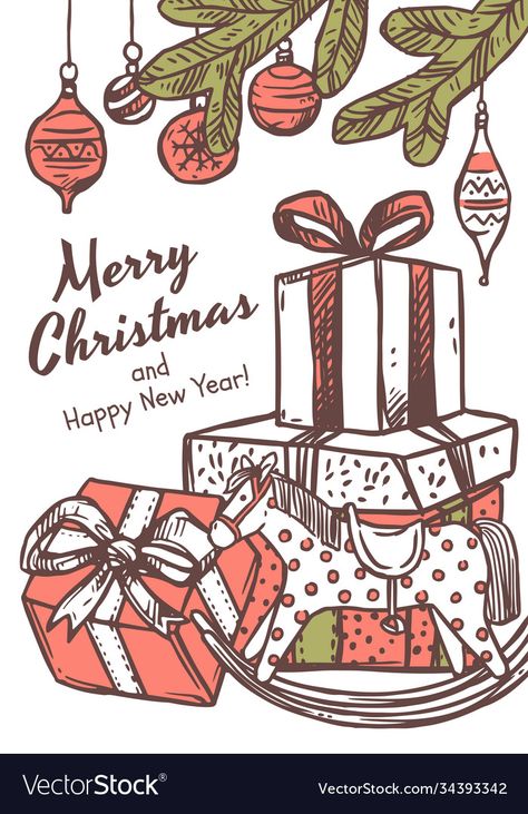 New Year Aesthetic Drawing, Christmas Poster Drawing, Merry Christmas Drawing Art, Christmas Gifts Drawing, Christmas Cards Aesthetic, Christmas Congratulation, Christmas Poster Design Ideas, Christmas Gift Drawing, Merry Christmas Drawing