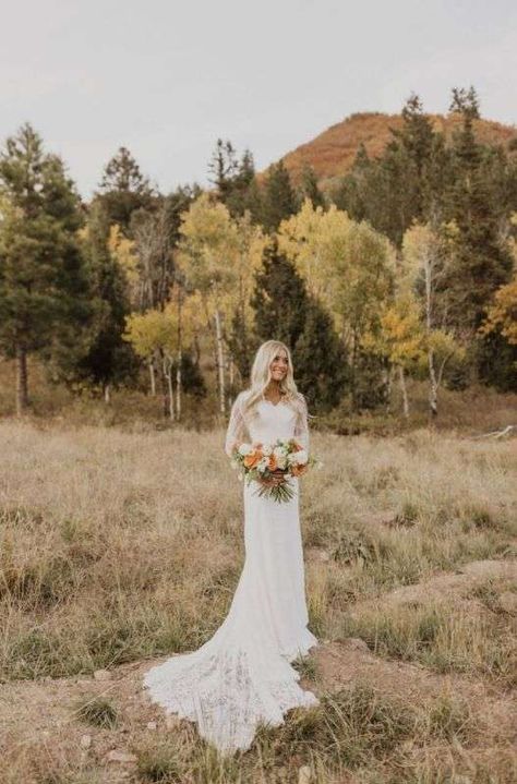 Real Bride - Chloe - Alta Moda Bridal Western Wedding Dresses Modest, Modest Fall Wedding Dresses, Modest Western Wedding Dresses, Simple Elopement Dress, Modest Boho Wedding Dress, Earthy Wedding Dresses, Rish Bridal, Modest Bridal Dresses, Mountain Wedding Dress