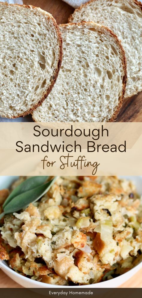 This Sourdough Sandwich Bread for Stuffing recipe is the perfect base for your homemade stuffing! Made with active sourdough starter or discard, this soft, sandwich-style loaf absorbs herb seasonings and turkey drippings beautifully. Perfectly soft and fluffy, it’s the ideal sourdough bread for Christmas or Thanksgiving stuffing. Make ahead and ferment overnight for a delicious, from-scratch loaf that’s perfect for soaking up all the flavors of the holidays! Stuffed Sourdough Bread, Bread For Stuffing, Bread For Christmas, Active Sourdough Starter, Sourdough Sandwich Bread, Sourdough Bread Sandwiches, Homemade Stuffing, Sourdough Sandwich, Easy Sourdough