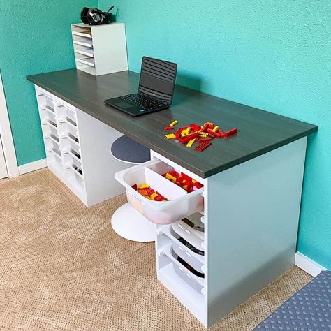 Craft Basement, Diy Desk With Storage, Ikea Trofast Bins, Crafting Desk, Ikea Bins, Lego Storage Solutions, Lego Desk, Lego Table Diy, Diy Storage Rack