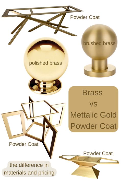 When it comes to deciding on brass vs a gold painted or powder coated finish, at times there isn't much of a difference. It really depends on what look you're trying to achieve. As you can see, brushed brass looks really close to the gold powder coat, but, its not just any gold powder coat finish. Finding this color took us many, many tries. For a polished brass look, you can't get that look any other way. If you want a polished brass finish, you have to use brass. Brass Vs Gold, Custom Metal Table Base, Custom Metal Furniture, Custom Metal Work, Welded Furniture, Metal Bathroom, Metal Table Base, Wine Display, Gold Powder