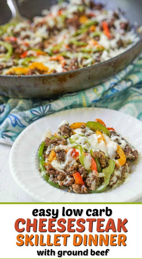 Low Carb Philly Cheesesteak Skillet using Ground Beef - this easy keto skillet dinner has only 3.9g net carbs. #lowcarbrecipe #ketorecip #cheesesteak #groundbeefrecipe #skilletdinner #easyrecipe #bestangusbeef #steakholder Low Carb Cheesesteak, Philly Cheesesteak Skillet, Cheesesteak Skillet, Keto Skillet, Boiled Egg Diet Plan, Skillet Dinners, Dinner With Ground Beef, Philly Cheesesteak, Low Carb Diet Recipes