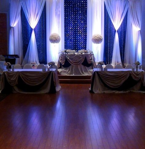 Follow us @SIGNATUREBRIDE on Twitter and on FACEBOOK @ SIGNATURE BRIDE MAGAZINE Royal Blue And Silver Wedding, Royal Blue Backdrop, Blue And Silver Wedding, Royal Blue Wedding Theme, Blue Wedding Decorations, Mega City, Head Tables, Wedding Backdrop Design, Blue Backdrop