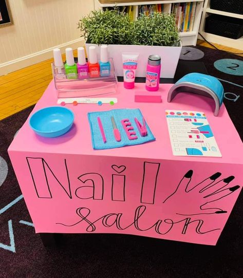 Spa Preschool Activities, Afterschool Room Ideas, Spa Day Preschool, Beauty Shop Dramatic Play, Pretend Play Library, Nail Salon Dramatic Play, Preschool Career Activities, Prop Boxes For Preschool, All About Me Dramatic Play