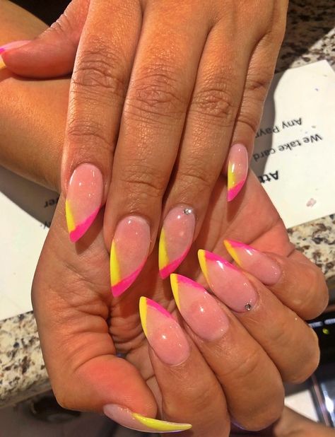 Neon French Tip Almond Nails, Neon Color Nail Ideas, Neon Nails Oval Shape, Bright Color Vacation Nails, Neon Yellow Acrylic Nails Almond, Neon Nail Tips Design, Pretty Neon Nails, Bright Almond Nails Designs, Short Stiletto Nails Summer