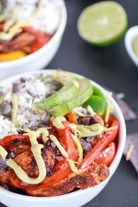 Fiesta Chicken + Cilantro Lime Rice Fajita Bowl with Avocado Chipotle Crema-7 Chicken Cilantro Lime, Chicken Cilantro, Fajita Bowl, Chipotle Crema, Fiesta Chicken, Fajita Bowls, Lime Rice, Cilantro Lime Rice, Chicken Fajita