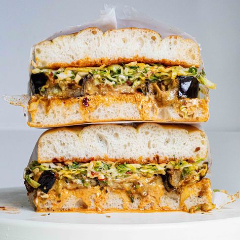 Vegan Focaccia Sandwich, Loaded Focaccia, Tahini Slaw, Sandwiches Vegetarian, Focaccia Sandwiches, Focaccia Sandwich, Time And Patience, Vegan Mayonnaise, Roasted Almonds