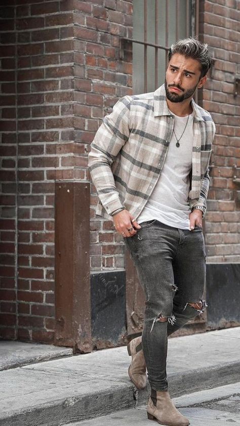 Flannel Outfits Men Country, Nashville Outfits For Men, Men’s Vest Fashion, Casual Spring Outfits Men, Nashville Outfits Men, Male Concert Outfit, Checkered Shirt Outfit, Fall Outfits For Men, Biker Clothing