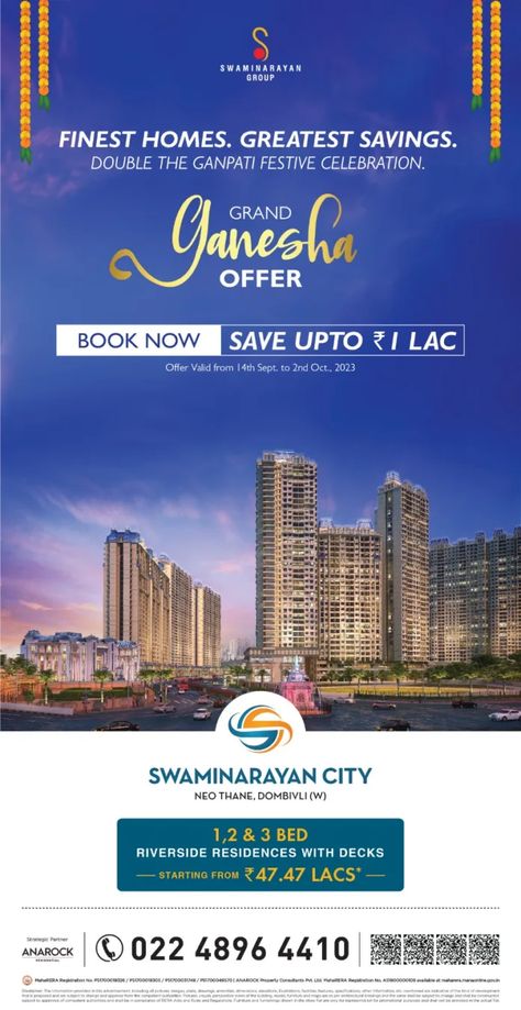 With the ongoing festival season such as Ganesh Chaturthi,  real estate players are offering lucrative offers favoring buyers’ interest. The Swaminarayan Group, dominating the Dombivli- Kalyan region has also launched their “Grand Ganesha Offer” where they offer upto Rs.1,00,000 at their upcoming Swaminarayan City township on 1, 2 and 3 BHK riverside facing luxurious apartments overlooking Ulhas river. This offer is valid from 14th […] The post <a rel="nofollow" href="ht... Real Estate Hoarding Design, Real Estate Creative Post, Real Estate Ganesh Chaturthi, Navratri Real Estate Ads, Ganesh Chaturthi Real Estate Ads, Ganesh Chaturthi For Digital Marketing, Ganesh Chaturthi Ads, Car Tracking, Real Estate Post