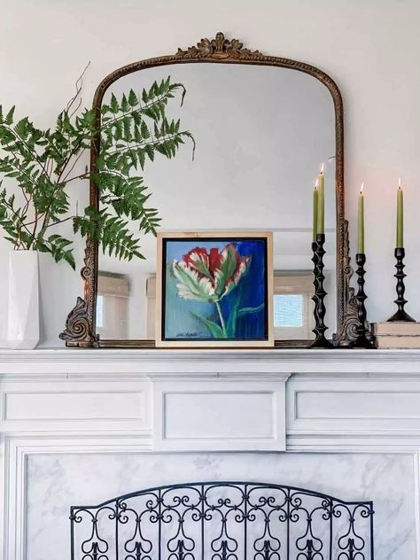 Mirror Over Fireplace, West Elm Rug, Anthropologie Mirror, Casual Fall Fashion, Fireplace Mantle Decor, Overmantle Mirror, Tulip Painting, Fireplace Mirror, Modern Vintage Home