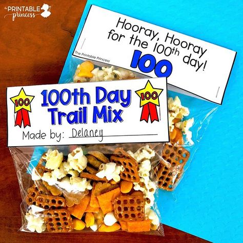 100th Day of School Activities | The Printable Princess 100 Day Trail Mix Ideas, 100th Day Trail Mix Snack, 100th Day Snack Ideas, 100th Day Of School Treats, 100 Day Snack, 100th Day Snack, 100th Day Of School Activities, 100th Day Of School Crafts, 100s Day