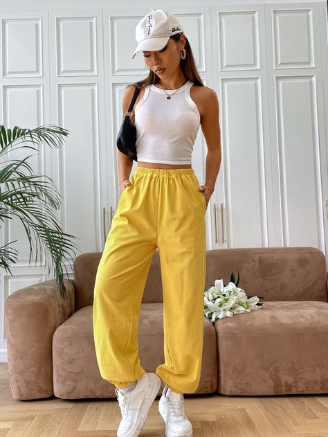 Yellow  Collar  Fabric Plain  Embellished Slight Stretch  Women Bottoms Yellow Sweatpants Outfit Women, Yellow Parachute Pants Outfit, Yellow Bottom Outfit, Yellow Parachute Pants, Yellow Cargo Pants Outfit, Yellow Sweatpants Outfit, Yellow Joggers Outfit, Yellow Casual Outfit, All Yellow Outfit