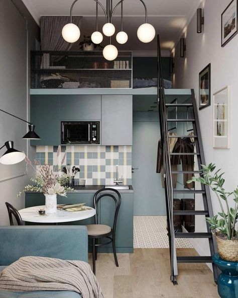 Apartemen Studio, Tiny Loft, Tiny Studio Apartments, Loft House Design, Tiny House Luxury, Small Apartment Interior, Tiny House Loft, Deco Studio, Small Apartment Design