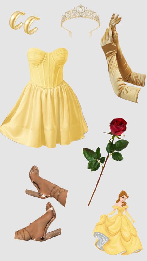 #belle #princess #costume #halloween #costumeidea #halloweencostume #dress #cute #heels #gold #crown #gloves #earrings #rose Modern Belle Costume, Belle Costume Ideas, Belle Halloween Costume, Belle Dress Disney, Princess Belle Costume, Belle Halloween, Teenage Halloween Costumes, Beauty And The Beast Costume, Beast Costume