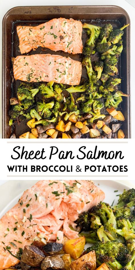 Oven Baked Garlic, Salmon With Broccoli, One Pan Recipe, Sheet Pan Salmon, Oven Salmon, Oven Roasted Salmon, Pan Salmon, Broccoli And Potatoes, Salmon And Broccoli