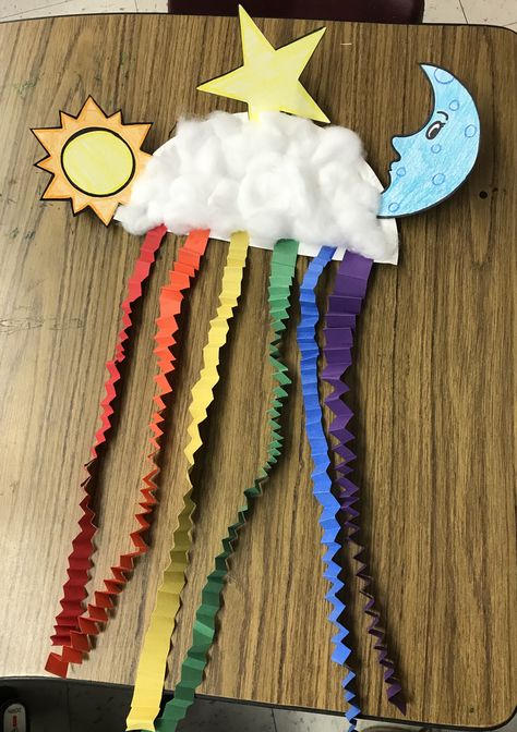 Prek Projects, Windsock Craft, Hanging Clouds, Prek Teacher, Cloud Rainbow, Cloud Craft, Infant Classroom, Moon Clouds, Science Projects For Kids