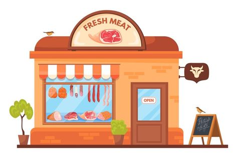 Premium Vector | Building meat shop sausages market butcher store outdoor grocery deli buy menu pork steak showcase beef delicatessen butchery counter exterior storefront neat vector illustration