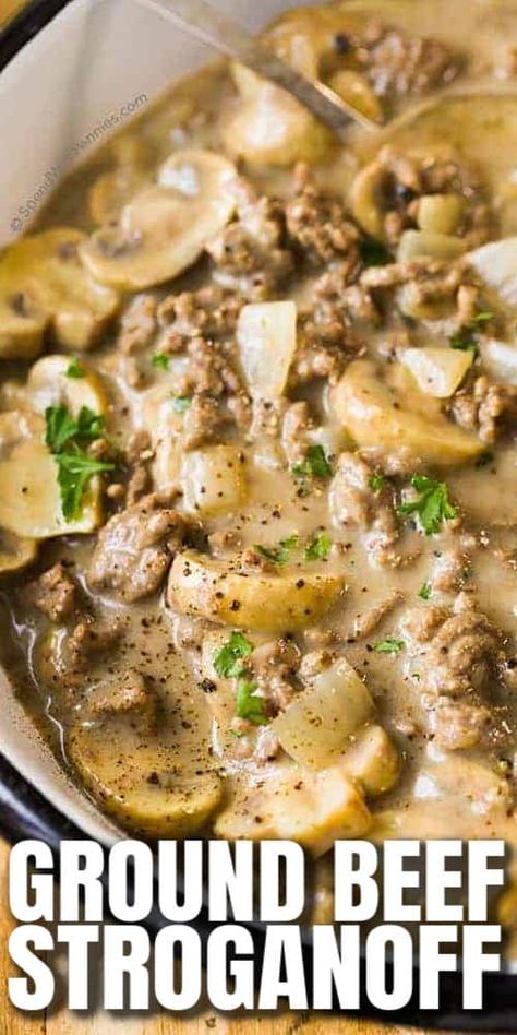 Ground Beef Stroganoff is a budget-friendly dish, perfect for a quick weeknight meal with the family. We love serving this saucy dish with mushrooms over pasta or mashed potatoes! Everyone loves this comfort food classic and it's even better the next day for leftovers! #spendwithpennies #beefstroganoff #groundbeef #groundbeefstroganoff Easy Ground Beef Stroganoff, Quick Ground Beef Recipes, Best Ground Beef Recipes, Beef Stroganoff Easy, Ground Beef Stroganoff, Ground Beef And Potatoes, Stroganoff Recipe, Beef And Potatoes, Ground Beef Recipes Easy