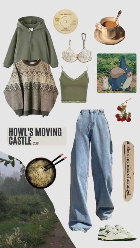 #outfitinspo #movies #nature #vibes #vintage #studioghibli #studioghibliaesthetic #aesthetic #cottagecore #comfy #green Comfy Cute Clothes Aesthetic, Nature Walk Outfit Fall, Lazy Cottagecore Outfits, Casual Nature Outfits, Green Nature Outfit, Sweater And Corset Outfit, Baggy Cottagecore Outfits, Vintage Comfy Outfit, Cottagecore Aesthetic Outfits Casual