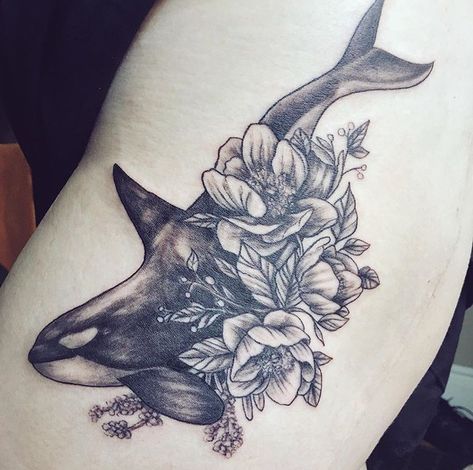 Dolphin Hip Tattoo, Dolphin Flower Tattoo, Whale Cover Up Tattoo, Orca Tattoo With Flowers, Orca And Flower Tattoo, Whale Tattoo With Flowers, Whale Flower Tattoo, Whale And Flower Tattoo, Orca Tattoo Thigh