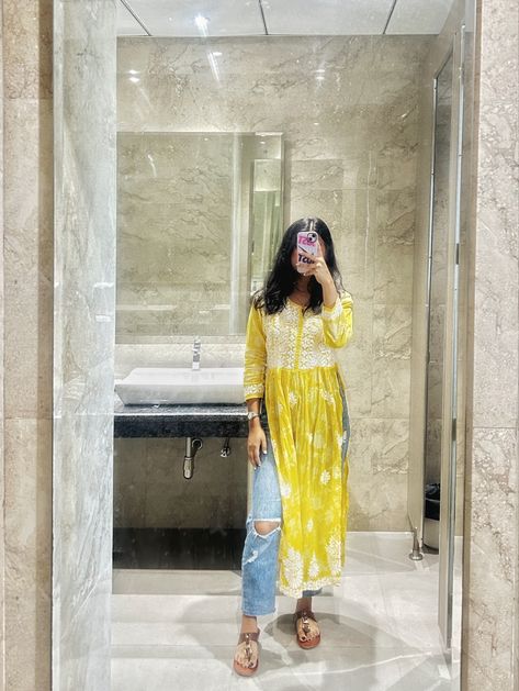 Yellow Chikankari Kurti With Jeans, Chikankari Suits With Jeans, Chikankari Kurti With Baggy Jeans, Yellow Chikankari Kurta With Jeans, Lucknowi Kurti With Jeans, Chikankari Kurti With Jeans Outfit, Yellow Desi Aesthetic, Chikankari Kurti With Jeans Aesthetic, Chicken Kari Kurta With Jeans