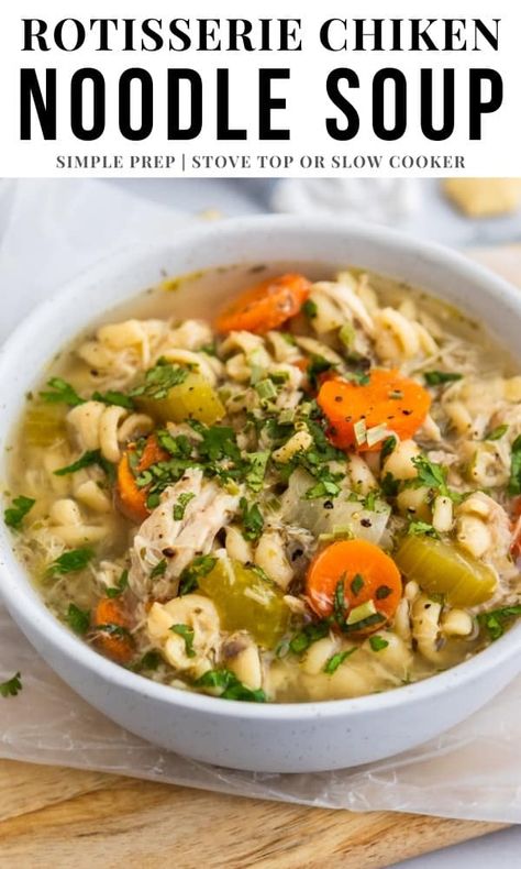 This thick and hearty Easy Rotisserie Chicken Noodle Soup Recipe is going to be your new favorite cozy soup recipe. So simple to toss everything in and allow the rich, flavorful chicken add all of the flavor! Comfort food at it's easiest! #rotisseriechicken #leftoverrotisseriechicken #chickennoodlesoup #souprecipe Easy Chicken Noodle Soup Recipe Stovetop, Chicken Noodle Soup Stove Top, Chicken Noodle Soup Rotisserie, Rotisserie Chicken Noodle Soup, Rotisserie Chicken Soup, Easy Chicken Soup, Crockpot Soups, Chicken Noodle Soup Crock Pot, Slow Cooker Creamy Chicken