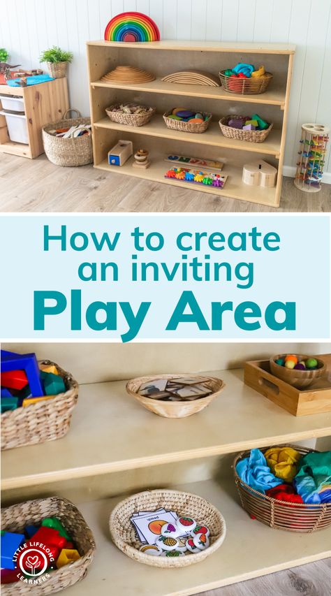 How to create a purposeful play space by Little Lifelong Learners. Learn how to organize your kids' play area to encourage authentic, child-led play! I'm sharing easy playroom organization ideas to reduce toy overwhelm and help you create a purposeful play area that is accessible and inviting to your little learners. Read the blog post to learn how to evaluate and simplify your kids' play area! Simple Play Corner Ideas, Play Area Organization Small Spaces, Office Kids Play Area, One Year Old Play Area, Reggio Inspired Playroom, Small Playroom Organization Ideas, Montessori Play Space, Functional Playroom Ideas, Learning Corners Preschool