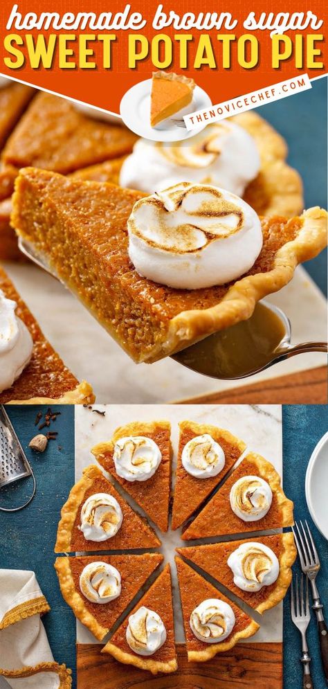 Brown Sugar Sweet Potato Pie Recipe, thanksgiving desserts, holiday baking recipes Best Sweet Potato Pie, Sweet Potato Butter, Brown Sugar Sweet Potatoes, Homemade Sweet Potato Pie, Holiday Pies Recipes, Pumpkin Pecan Cobbler, Sweet Potato Pie Southern, Potato Pie Recipe, Thanksgiving Desserts Table