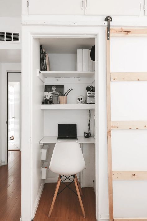 Hidden Home Office, Mini Home Office, Closet Turned Office, Ikea Wall Shelves, Cozy Office Space, Office With A View, Closet Desk, Home Office Closet, Productive Work