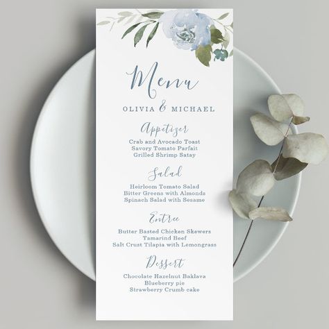 Romantic garden dusty blue floral wedding menu Menu For Wedding, Restaurant Menu Card, Personalized Wedding Menu, Wedding In Spring, Blue And Sage Green, Blue Floral Wedding, Botanical Garden Wedding, Botanical Gardens Wedding, Wedding Romantic