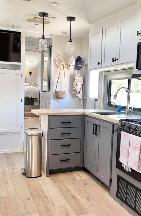 Rv Kitchen Sink Remodel, Camper Kitchen Remodel, Rv Kitchen Remodel, Home Depot Flooring, Trailer Caravan, Motorhome Remodel, 5th Wheel Camper, Rv Interior Remodel, Caravan Ideas