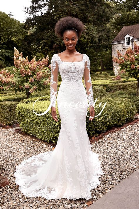 Charm your guests wearing this fit and flare bridal gown. Designed with an illusion bodice and a trendy square neckline, a second look can be created with the detachable long sleeves. Sequined appliqués add a hint of sparkle throughout while jersey lining creates a sculpted shape. It finishes with a stunning low square cut back and a sheer chapel length train. The detachable sleeves are included with the bridal gown and also offered separately as 44283SL. Square Neck Wedding Dress Lace, Sincerity Bridal Wedding Dresses, Square Neckline Wedding Dress, Lace Long Sleeve Wedding Dress, Square Neck Wedding Dress, Sincerity Bridal, Long Sleeve Wedding Dress, Neck Wedding Dress, Wedding Dress Lace