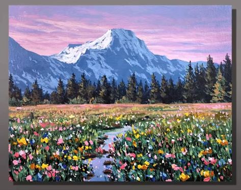 Big Canvas Landscape Painting, Mountain Meadow Painting, Mountain Flower Painting, Easy Mountain Landscape Painting, European Landscape Paintings, Colorado Mountain Painting, Mountain Flowers Painting, Pastel Mountains Art, Cliff Painting Acrylic