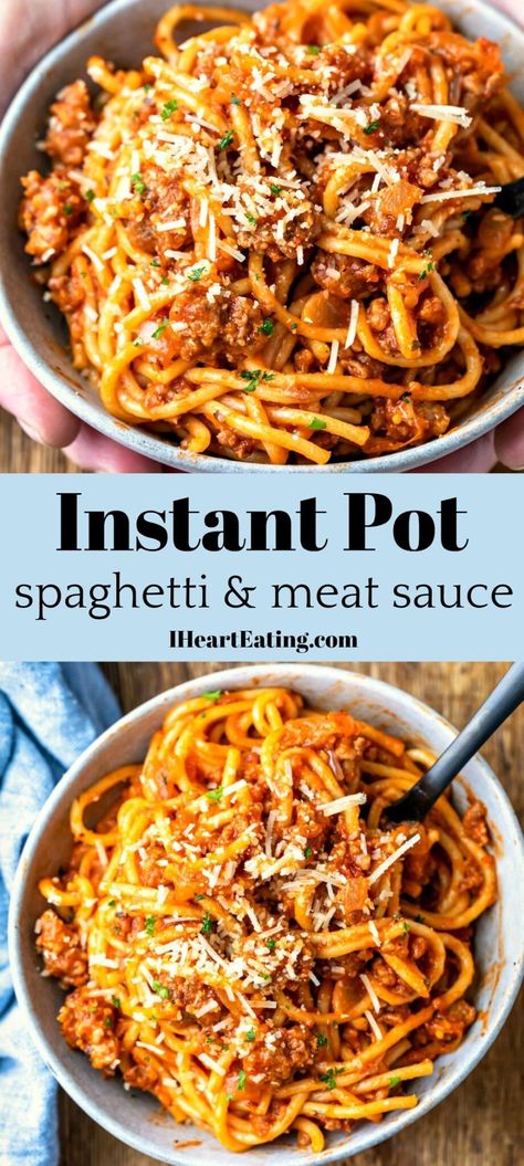 Instant Pot Spaghetti and Meat Sauce - I Heart Eating Spaghetti And Meat Sauce, Pressure Cooker Spaghetti, Instant Pot Spaghetti Recipe, Meat Sauce Recipe, Instant Pot Spaghetti, Instant Pot Pasta Recipe, Spaghetti Meat Sauce, Meat Sauce Recipes, Spaghetti Dinner