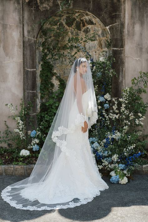 Lovett Long Vails Wedding, Wedding Veil Aesthetic, Long Vail, Wedding Dress Cathedral Train, Cathedral Wedding Dress, Champagne Collection, Anne Barge, Cathedral Length Veil, Blusher Veil