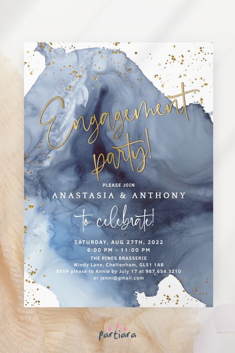 Self-editable 5x7" invite - follow the link for details and free demo! ♦ Easily edit online in your browser then download and print or send digitally ♦ A fantastic navy blue and gold watercolour invitation for an engagement party event - perfect for an event to celebrate with all your family and friends ♦ #engagementinvitation #bluepartytheme #bluegoldinvite #bluegoldtheme #engagementpartyideas #dinnerpartyideas #editableinvitation #printableinvite Navy And Gold Engagement Party, Navy Blue Engagement Party Decorations, Gold And Blue Invitations, Blue And Gold Invitation Template, Engagement Card Design, Blue Party Themes, Navy And Gold Invitations, Blue Gold Wedding Invitation, White Engagement Party