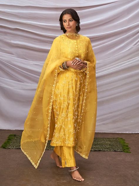 Buy Mustard Yellow Embroidered Chanderi Silk Suit with Organza Dupatta - Set of 3 | PC-ES-063/PICI7 | The loom Yellow Indian Suit, Mustard Yellow Suit, Yellow Sharara, Thread Work Embroidery, Chanderi Silk Suits, Yellow Kurta, Indian Suit, Karva Chauth, Yellow Suit